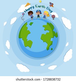 Poster design for happy earth day with children on earth illustration