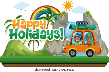 Poster design for happy holidays with man and dog in the car illustration
