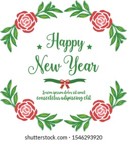 Poster design happy new year, with shape green leaves frame and beautiful red rose flower. Vector
