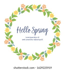 Poster design for hello spring, with elegant style pattern of leaf and yellow floral frame. Vector