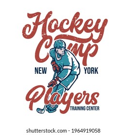 campo de hockey de diseño de afiches centro de entrenamiento para jugadores de nueva york con ilustración de hockey para jugadores vintage