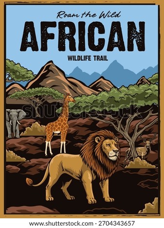 Poster design with illustrations of wild animals that capture the wild nature of Africa and the freedom of adventure