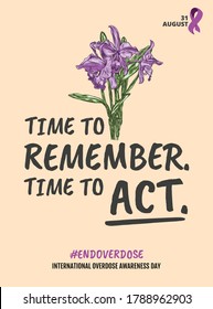 poster design international overdose awareness with purple lily flower, vintage background.