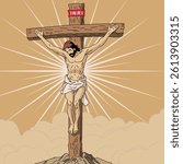Poster design of Jesus being crucified with line design style