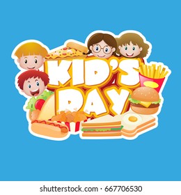 Poster design with kids and junkfood illustration