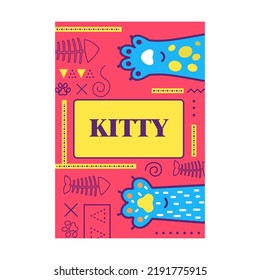 Poster design with kitty paws. Vivid bright brochures for advertisement with fish skeletons and paws. Domestic animals and pets concept. Template for promotional leaflet or flyer