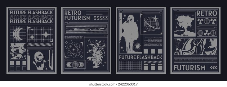 Poster design layout in cyberpunk y2k style with bitmap images and grid elements on black background. Vector set of banner template in cyber 2000s aesthetic with acid retro futuristic silhouette shape