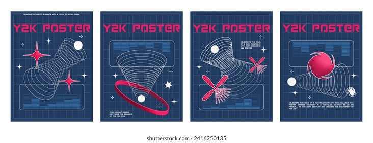 Poster design layout in y2k style with grid geometric shape and icon. Vector set of banner or cover composition template with wireframe 3d figure in 2000s aesthetic. Minimalistic collage composition.