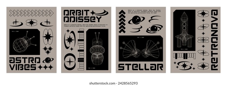 Poster design layout in y2k style with cosmos exploration elements - spaceship, rocket and satellite grid 3d shapes. Vector banner or print template with cosmic technology in retro 00s aesthetic.