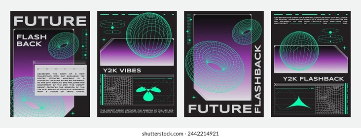 Poster design layout in y2k trendy retro style with neon color grid abstract geometric shape on simple gradient background. Vector set of banner composition template with wireframe 3d figure.