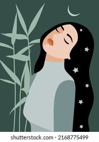 Poster design, light-skinned girl with black hair, with closed eyes and stars in her hair, illustration on a dark background. Vector illustration in minimalist style.