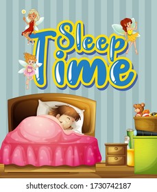 Poster design with little girl sleeping in bed and word sleep time on the wall illustration