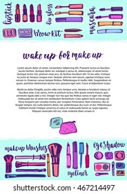 Poster design with makeup items. Decorative background, colorful diploma, ornamental vector illustration.