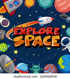 Diseño de afiches con muchos planetas y nave espacial en la ilustración de fondo