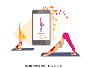Poster design for Mobile apps, Yoga, healthy lifestyle. Smartphone with yoga application on the screen and women performing yoga poses. Vector illustration for poster, card, presentation, banner.
