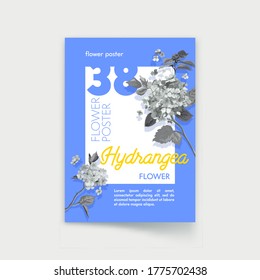 Poster Design with Monochrome Hydrangea Flowers on Blue Background. Wedding Decoration. Nature, Organic Natural Blossoms or Bouquets Delivery Service Concept, Promo Banner Flyer. Vector Illustration
