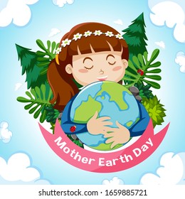 Poster design for mother earth day with girl hugging earth in background illustration