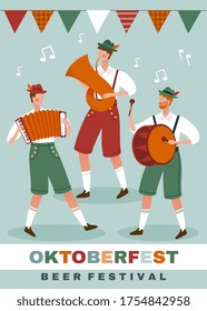 Poster design for the Munich Oktoberfest with a German band plying traditional instruments under a row of bunting with text below, colored vector illustration