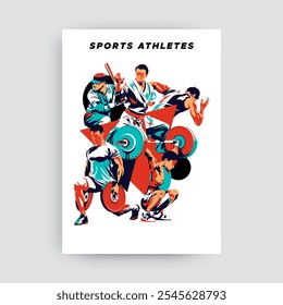 Un diseño de póster con un concepto de deportes de campeonato nacional con ilustraciones de atletas de artes marciales, levantadores de pesas, corredores y jugadores de pelota base. Estilo Abstractas de la silueta aislado en deportivo