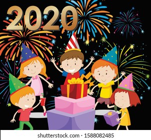 Poster Design For New Year 2020 With Happy Kids Illustration