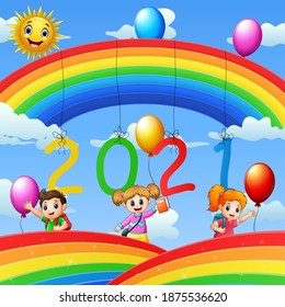 Poster design for New Year 2020 with happy kids illustration