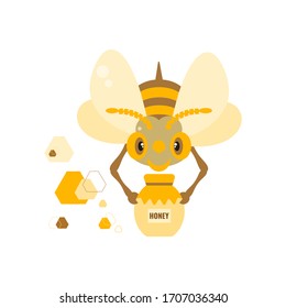 Poster design with a picture of a bee, a jar of honey and honeycombs. Flat vector illustration isolated on white background.