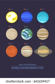 Poster design with planets and star of solar system. World Environment Day. Vector illustration. Flat style
