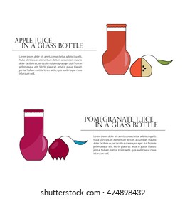 Poster Design with pomegranate and apple juice in glass bottles. It can be used as a card or banner