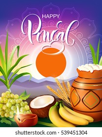 Poster Design For Pongal Festival. Makar Sankranti Background. Vector Illustration.