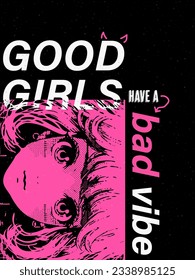 Poster design with a portrait of a girl in anime style. Pixel retro art. trendy bright pink color with doodles. Vector illustration