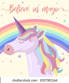 Poster design with rainbow unicorn illustration