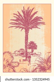 Poster Design Resort Landscape With Palm Tree And Girl Walking To The Beach. Vector Illustration.