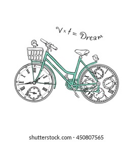 Poster design. Retro bicycle with a different watches wheels. Vector illustration.