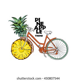 Poster design. Retro bicycle with a fruit pineapple wheel. Green top outlet in the basket. Vector illustration.
