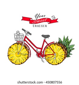 Poster design. Retro bicycle with fruit pineapple wheels and birds. Vector illustration.