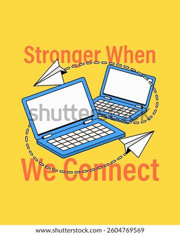 Poster design retro-style illustration featuring two blue laptops connected by a dashed line, symbolizing digital communication. Paper planes fly between them