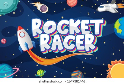 Poster design with rocket racer in dark space illustration