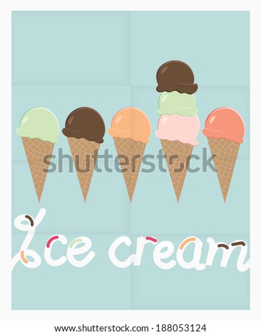 Poster design with a row of summer ice cream cones with different flavors 