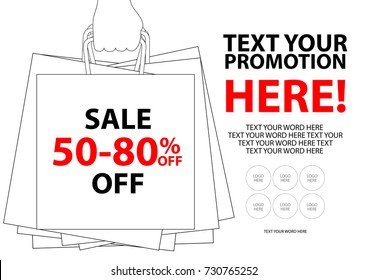 Afiche de diseño para la venta en estilo simple con espacio para enviar mensajes de texto. Plantilla de fondo para la promoción de ventas. Una mano agarra las bolsas con la palabra con descuento sobre fondo blanco.