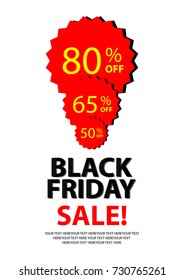 Poster design for sale event in simple style with space for texting your word. Background template for Black Friday sale. Red labels with yellow discount percent off texts on white background.