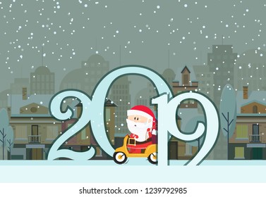 Poster design with Santa in car and numbers. Numbers and Santa in yellow car on background with snowy winter town. Can be used for postcards, invitations, greeting cards