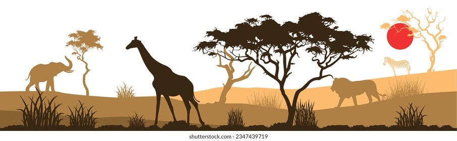 Ein Plakatdesign mit Savanna Scene. Ein Hintergrunddesign mit Flora und Fauna der Savanna Grasland. Gespeicherter Savanna Wald und Tiere.