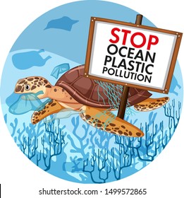 Poster design with sea turtle holding stop plastic pollution illustration