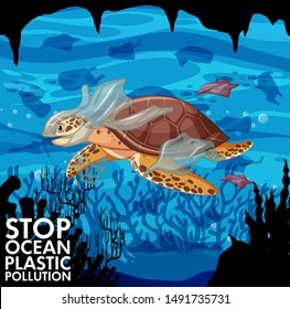 Poster design with sea turtle and plastic bags in ocean illustration