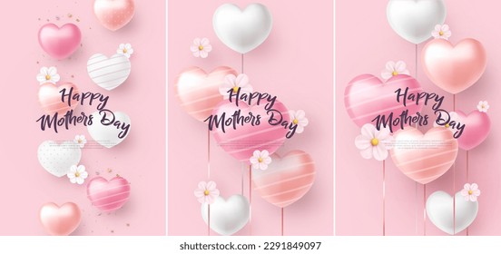 Poster design set, Mothers day illustration, with 3d pink love balloons. Premium design for poster, banner, greeting and celebration.