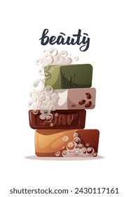 Poster-Design mit Set aus natürlichen Seifen mit Seifenlauge. Schönheit, Hautpflege, Körperpflege, Kosmetik, Hygienekonzept. Vektor-Illustration für Banner, Karte, Poster.