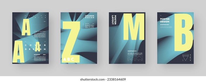 Poster design set. Vertical A4 format. Modern placard collection. Strict and discreet brochure. Yellow blue letter composition with abstract smoke effect.