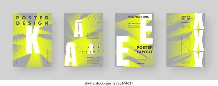 Poster design set. Vertical A4 format. Modern placard collection. Strict and discreet brochure. White yellow letter composition with abstract smoke effect.