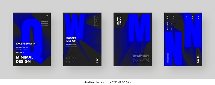 Poster design set. Vertical A4 format. Modern placard collection. Strict and discreet brochure. Blue letter composition with abstract smoke effect.