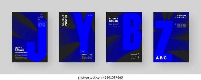 Poster design set. Vertical A4 format. Modern placard collection. Strict and discreet brochure. Blue letter composition with abstract smoke effect.